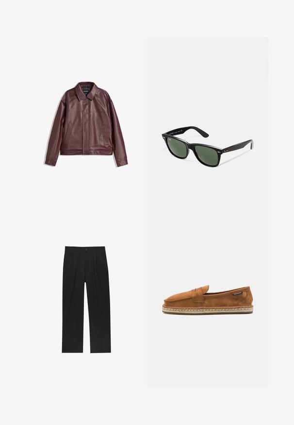 Bordeaux neplederen jas met een vlakke kraag, ritssluiting aan de voorkant, twee zijzakken en een licht cropped pasvorm. Gestructureerd oppervlak.; Witte katoenen t-shirt met korte mouwen, ronde hals, relaxte pasvorm en zonder zichtbare logo's of patronen. Gladde textuur en minimalistisch ontwerp.; Zwarte broeken met een recht model, gemaakt van een gladde stof. Voorzien van een voorplooien en een enkele knoopsluiting bij de taille.; Bruine suède instapper met een ronde neus, voorzien van een geweven jute zool en een kleine accentband over de voorkant.; Zwarte plastic zonnebril met groene lenzen, vierkante montuur, zilveren accent op de wenkbrauw en een gestructureerde tempel. Merken vermeld op de binnenkant van de arm.