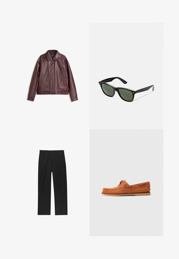Burgundská koženka s plochým golierom, predným zipsom, dvoma bočnými vreckami a mierne skráteným strihom. Textúrovaný povrch.; Biela bavlnená tričko s krátkymi rukávmi, okrúhlym výstrihom a voľným strihom. Hladká štruktúra, bez vzorov alebo grafiky, minimalizované označenie na etikete.; Čierne nohavice s rovnými nohavicami, vyrobené z hladkej tkaniny. Majú predné puky a jediné gombíkové zapínanie v páse.; Oranžové semišové člnkové topánky s okrúhlym špičkou, kontrastnými šnúrkami, dekoračným stehom a gumovou podrážkou. Bočný pohľad s minimálnymi detailmi.; Čierne plastové slnečné okuliare so zelenými šošovkami, štvorcové rámy, strieborný akcent na obočí a textúrované ramenné opierky. Brand uvedený na vnútornej strane ramien.; Digitálny náramkový hodinky s čiernym nerezovým pásikom, štvorcovým čiernym ciferníkom, bielymi číslicami, vodoodolné do hĺbky 5 barov a osvetľovacou funkciou.