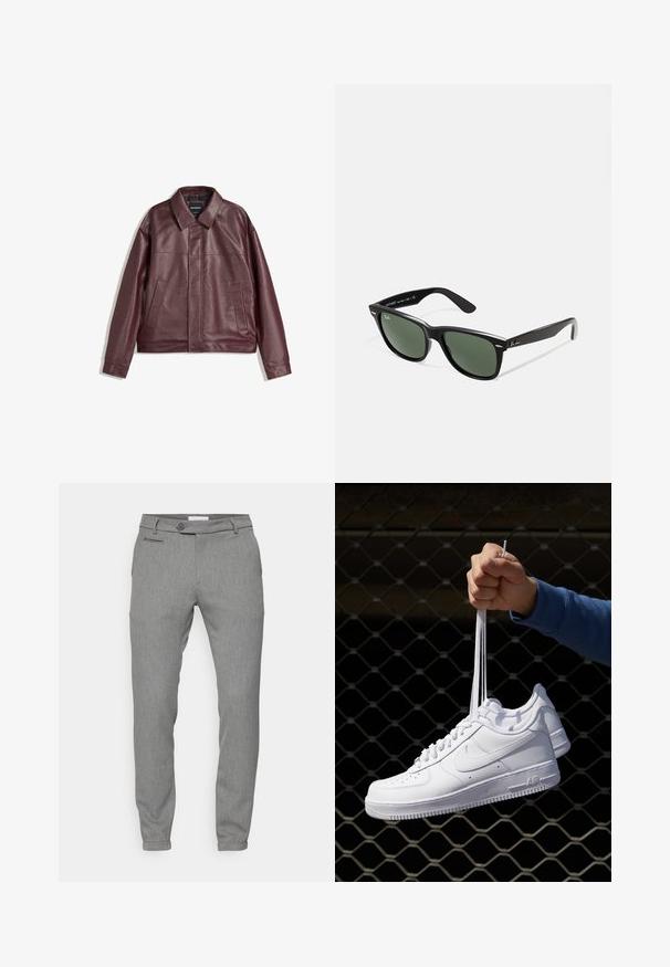 Burgundowa kurtka z sztucznej skóry z płaskim kołnierzem, zapięciem na zamek z przodu, dwoma bocznymi kieszeniami i lekko skróconym krojem. Teksturowana powierzchnia.; Młoda osoba z warkoczami, ubrana w jasnoszary t-shirt Nike i czarne spodenki Nike, na jednolitym białym tle.; Szare spodnie z teksturowanej, tkanej tkaniny; dopasowany krój; pięć kieszeni; zapięcie na guzik; zwężane nogawki; subtelny wzór.; Białe skórzane sneakersy z perforacjami, okrągłym noskiem, płaską podeszwą i grubymi sznurówkami, z widocznym logo swoosh i napisem „AIR” na pięcie.; Czarne plastikowe okulary przeciwsłoneczne z zielonymi szkłami, kwadratowe oprawki, srebrny akcent na brwi oraz fakturowane ramiona temple. Nazwa marki podana na wewnętrznej stronie ramion.