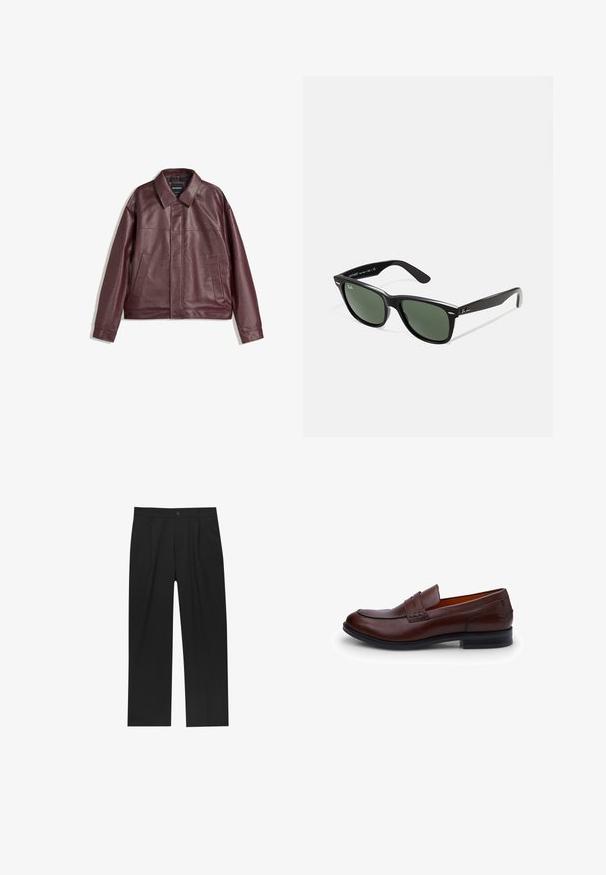 Burgundowa kurtka z sztucznej skóry z płaskim kołnierzem, zapięciem na zamek z przodu, dwoma bocznymi kieszeniami i lekko skróconym krojem. Teksturowana powierzchnia.; Biała koszulka z krótkim rękawem wykonana z bawełny, z okrągłym dekoltem i luźnym krojem. Gładka faktura, bez widocznych wzorów lub akcentów.; Czarne spodnie o prostym kroju, wykonane z gładkiego materiału. Posiadają zakładki z przodu i pojedyncze zapięcie na guziki w pasie.; Brązowe skórzane mokasyny o gładkiej powierzchni, zaokrąglonym nosku, kontrastowym przeszyciu i niskim obcasie. Posiadają dekoracyjną wstawkę na wierzchu.; Czarne plastikowe okulary przeciwsłoneczne z zielonymi szkłami, kwadratowe oprawki, srebrny akcent na brwi oraz fakturowane ramiona temple. Nazwa marki podana na wewnętrznej stronie ramion.