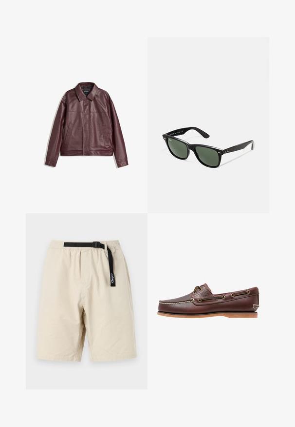 Burgunderfarbene Kunstlederjacke mit flachem Kragen, vorderem Reißverschluss, zwei Seitentaschen und leicht verkürzter Passform. Strukturierten Oberfläche.; Weißes kurzärmliges T-Shirt aus Baumwolle mit Rundhalsausschnitt und lockerer Passform. Glatte Textur, ohne sichtbare Muster oder Akzente.; Beige Shorts mit elastischem Bund und verstellbarem schwarzen Gürtel. Hergestellt aus leichtem Material, mit einem einfachen Design und geradem Schnitt.; Braune Lederbootsschuhe mit weißen Nähten, braunen Schnürsenkeln und einer sandfarbenen Gummisohle. Mit einem Logo an der Seite und Metallösen für die Schnürsenkel.; Schwarze Plastiksonnenbrille mit grünen Gläsern, quadratischen Rahmen, silbernem Akzent auf der Augenbraue und strukturierten Bügeln. Angegebene Marke auf dem inneren Bügel.