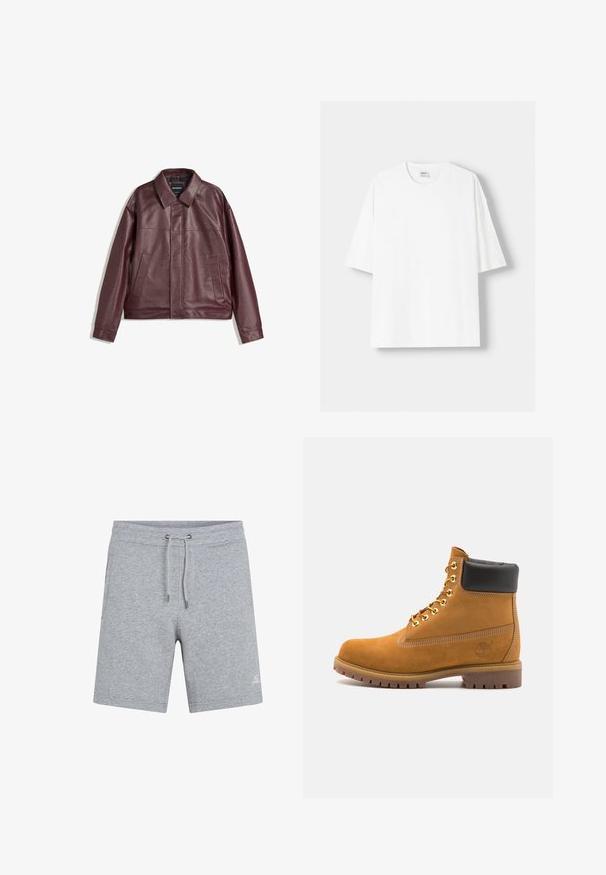 Veste en simili cuir bordeaux avec un col plat, fermeture zippée à l'avant, deux poches latérales et une coupe légèrement cropped. Surface texturée.; T-shirt blanc à manches courtes en coton, avec un col rond et une coupe décontractée. Texture lisse, sans motifs ni accents visibles.; Shorts en coton gris avec une taille élastique et un cordon de serrage réglable. Comprend des poches latérales et un petit logo sur la jambe gauche avant.; Bottine en daim beige avec un col rembourré noir, œillets en métal doré, détails de surpiqûres blanches et semelle en caoutchouc robuste avec des crampons prononcés.