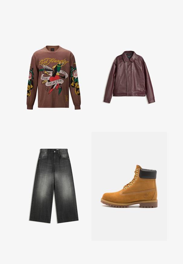 Bordeaux neplederen jas met een vlakke kraag, ritssluiting aan de voorkant, twee zijzakken en een licht cropped pasvorm. Gestructureerd oppervlak.; Bruine, lange mouw T-shirt met kleurrijke tattoo-geïnspireerde graphics, waaronder een adelaar, rozen en een banner met de tekst "WARE DOOD."; Wijdvallende denim broek in vervaagd zwart, met een klassieke vijf-pocketontwerp en een licht gestructureerd oppervlak. Metalen hardware accenten.; Tan suède enkelboot met zwart gevoerd kraagje, gouden metalen oogjes, witte stikdetails en een robuuste rubberen zool met uitgesproken profiel.