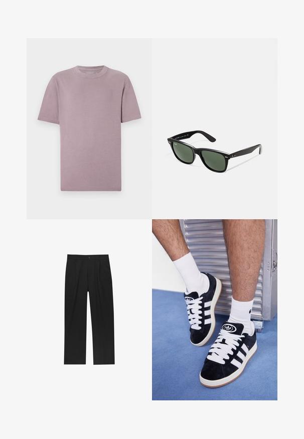 Burgundská koženka s plochým golierom, predným zipsom, dvoma bočnými vreckami a mierne skráteným strihom. Textúrovaný povrch.; Tričko s krátkym rukávom v svetlomauve, vyrobené z jemnej bavlny. Klasický okrúhly výstrih, čisté švy a žiadne viditeľné logá alebo vzory.; Čierne nohavice s rovnými nohavicami, vyrobené z hladkej tkaniny. Majú predné puky a jediné gombíkové zapínanie v páse.; Čierne semišové tenisky s bielymi šnúrkami a tromi bielymi pruhmi. Obsahujú kruhové čierne logo na jazyku a gumovú podrážku.; Čierne plastové slnečné okuliare so zelenými šošovkami, štvorcové rámy, strieborný akcent na obočí a textúrované ramenné opierky. Brand uvedený na vnútornej strane ramien.