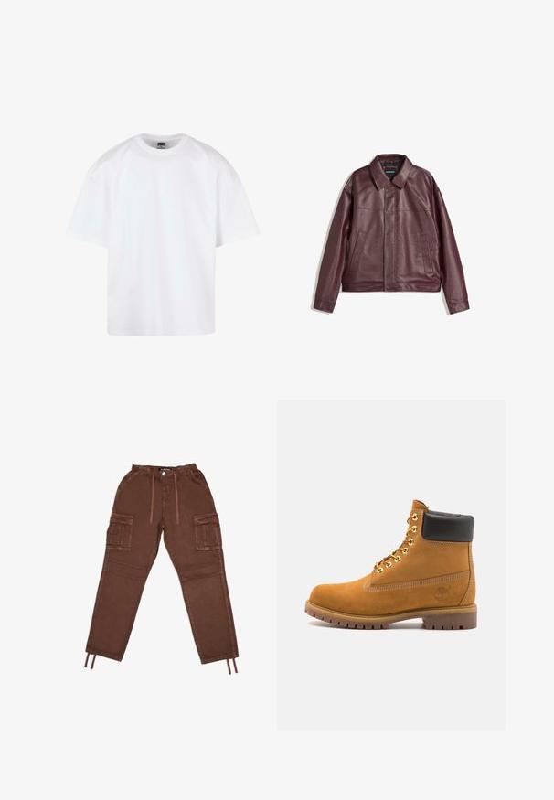 Burgundská koženka s plochým golierom, predným zipsom, dvoma bočnými vreckami a mierne skráteným strihom. Textúrovaný povrch.; Biela bavlněná tričko s klasickým výstrihom, krátkymi rukávmi a voľným strihom. Má jednoduchý dizajn a hladkú textúru.; Hnedé cargo nohavice z ľahkej tkaniny, s elastickým pásom, našitými vreckami po stranách a sťahovacími šnúrkami na manžetách.; Tyrkysové semišové členkové topánky s čiernym polstrovaným golierom, zlatými kovovými očkami, bielym prešívaním a robustnou gumovou podrážkou s výraznými drážkami.