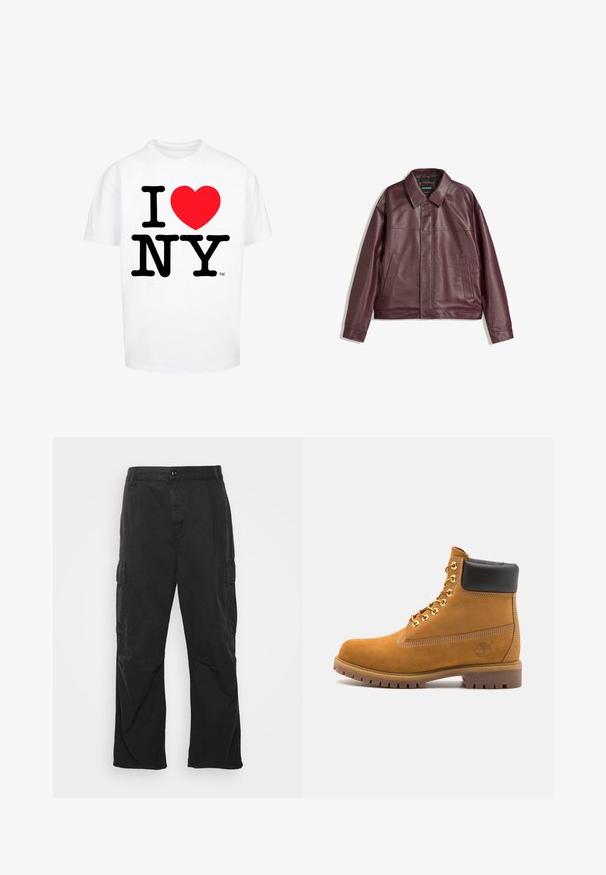 Giacca in ecopelle bordeaux con colletto piatto, chiusura frontale con zip, due tasche laterali e una vestibilità leggermente cropped. Superficie testurizzata.; T-shirt bianca in cotone con maniche corte, presenta una scritta nera in grassetto "I NY" e un cuore rosso, design con collo rotondo standard.; Pantaloni cargo neri con design a gamba dritta, dotati di due tasche laterali, chiusura con bottone e un tessuto testurizzato.; Stivale alla caviglia in suede tan con collare imbottito nero, occhielli in metallo dorato, dettagli in cucitura bianca e suola in gomma robusta con battistrada pronunciato.