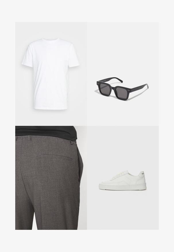 Burgundy tekonahkahihatin, jossa on tasainen kaulus, etuvetoketju, kaksi sivutaskua ja hieman lyhyt malli. Teksturoitu pinta.; Valkoinen puuvillapaita, jossa on klassinen pyöreä kaula-aukko, lyhyet hihat ja sileä pinta; ei kuvioita tai näkyviä logoja.; Harmaat räätälöidyt housut, joissa on sileä pinta, yhden takataskun ja slim fit -muotoilu. Kankaassa on hienovarainen kuvio.; Valkoinen nahkakenkä, jossa on sileä pinta, pyöreä kärki, tasaiset nauhat ja teksturoitu pohja. Sisältää huomaamattoman logon kantapäässä.; Mustat suorakulmaiset aurinkolasit tummilla linsseillä, joissa on paksu kehys, hienovaraiset yksityiskohdat sivuilla, eikä näkyviä logoja brändin nimen lisäksi.; Kangasta valmistettu vaaleanbeige kassi, jossa on kaksinkertaiset kahvat. Etupuolella valkoisena painettu "SAMSOE" -logo. Suorakulmainen muoto yksinkertaisella designilla.