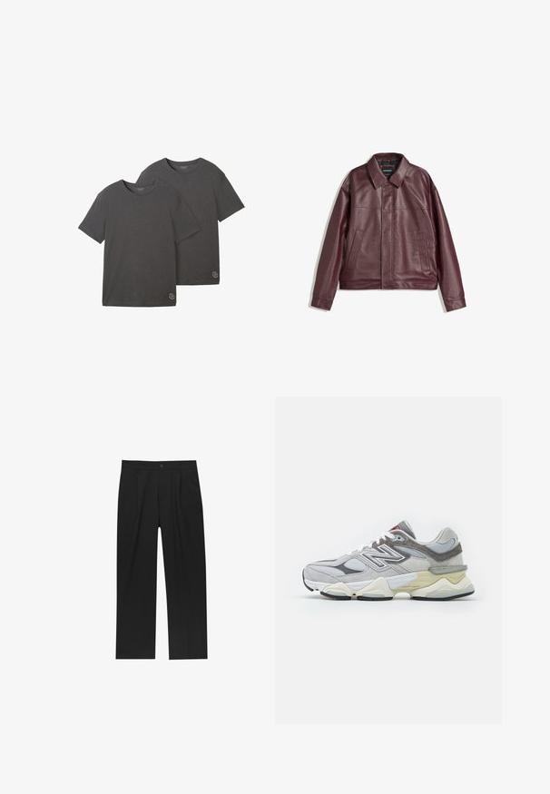 Giacca in ecopelle bordeaux con colletto piatto, chiusura frontale con zip, due tasche laterali e una vestibilità leggermente cropped. Superficie testurizzata.; Due magliette a manica corta di colore grigio ardesia, realizzate in morbido cotone misto, con scollatura rotonda e un piccolo logo ricamato sull'orlo.; Pantaloni neri con un design a gamba dritta, realizzati in un tessuto liscio. Presentano pieghe frontali e una chiusura a un bottone in vita.; Sneaker grigio in suede e rete con una spessa soletta bianca e beige, caratterizzata da un logo bianco prominente e dettagli in rosso.