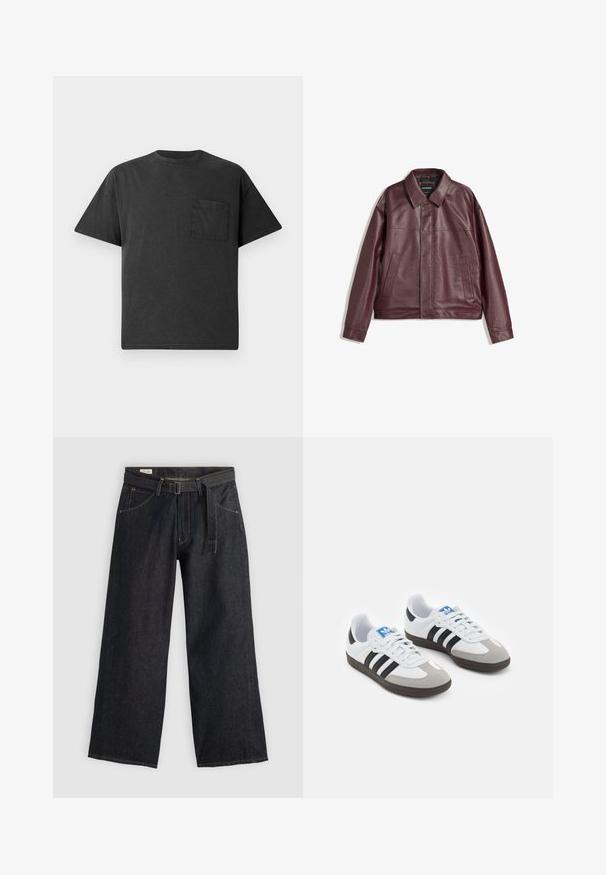Burgundi színű műbőrdzseki lapos gallérral, elöl cipzárral, két oldalsó zsebbel és enyhén cropped fazonnal. Strukturált felület.; Fekete pamut póló kerek nyakkivágással, rövid ujjakkal és bal oldali mellzsebes kivitelben. Lazán illeszkedő, sima tapintású anyaggal készült.; Sötét farmer széles lábú nadrág övvel a deréknál, elülső zsebekkel és kontrasztos varrással. Sima textúra tiszta dizájnnal.; Fehér bőr felsőrészes sportcipő, szürke velúrból készült orral és három fekete csíkkal. Jellemzője a kék logó a nyelvén és egy texturált gumitalp.