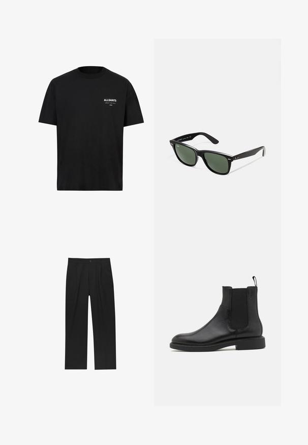 Burgundy tekonahkahihatin, jossa on tasainen kaulus, etuvetoketju, kaksi sivutaskua ja hieman lyhyt malli. Teksturoitu pinta.; Mustat puuvillapaitat, joissa on lyhyet hihat ja pyöreä kaula-aukko. Paidassa on valkoiset tekstit "ALLSAINTS" ja "LONDON" vasemmassa rintapielessä.; Mustat housut suoranlahkeisella muotoilulla, valmistettu sileästä kankaasta. Ominaisuuksiin kuuluu etupleateet ja yksi nappikiinnitys vyötäröllä.; Mustat nahkasaappaat nilkkamittaisina, joissa on sileä pinta, joustavat sivupaneelit ja vetotappi. Pyöreä varvastila ja litteat kumipohjat, joissa on minimaalinen pito.; Mustat muoviset aurinkolasit, joissa on vihreät linssit, neliönmuotoiset kehykset, hopeinen yksityiskohta kulmakarvojen kohdalla sekä tekstuuriset temppeleiden varret. Brändi ilmoitettu sisävarsissa.