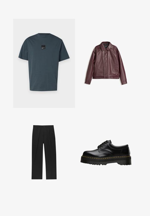 Burgundská koženka s plochým límcem, předním zipem, dvěma bočními kapsami a mírně zkráceným střihem. Texturovaný povrch.; Světle zelené bavlněné tričko s krátkými rukávy, kulatým výstřihem a malou černou logem nášivkou na přední straně. Hladká textura, uvolněný střih.; Černé kalhoty s rovnými nohavicemi, vyrobené z hladké tkaniny. Mají přední záhyby a jedno knoflíkové zapínání v pase.; Černé kožené šněrovací boty s tlustou, zoubkovanou černou gumovou podrážkou a žlutým prošíváním podél okraje, s hladkým povrchem.