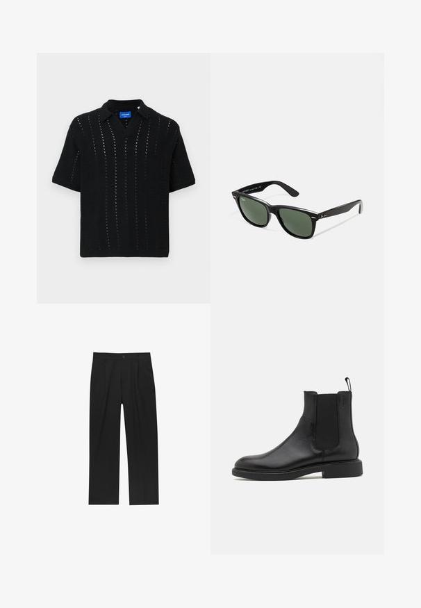 Burgundská koženka s plochým límcem, předním zipem, dvěma bočními kapsami a mírně zkráceným střihem. Texturovaný povrch.; Černé pletené polo tričko s krátkými rukávy, se lodičkovým výstřihem, otvorovaným vzorem a žebrovanými manžetami. Štítek viditelný uvnitř límce.; Černé kalhoty s rovnými nohavicemi, vyrobené z hladké tkaniny. Mají přední záhyby a jedno knoflíkové zapínání v pase.; Černá kožená kotníková bota s hladkým povrchem, elastickými bočními panely a poutkem. Kulatá špička a plochá gumová podrážka s minimálním vzorkem.; Černé plastové sluneční brýle se zelenými skly, čtvercové obroučky, stříbrný detail na obočí a texturované stranice. Značka uvedená na vnitřní straně stranic.
