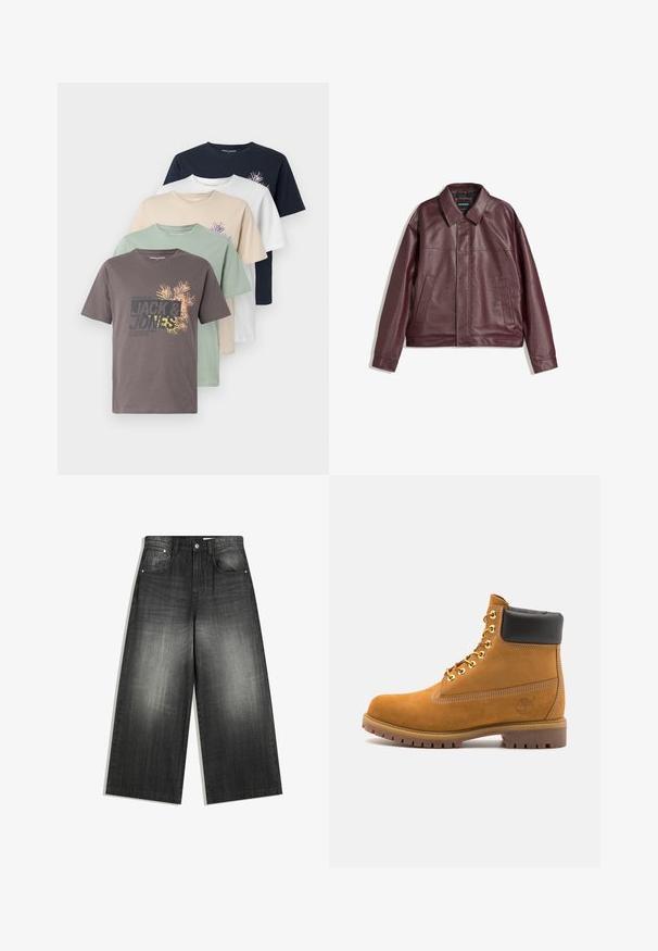 Burgunderfarbene Kunstlederjacke mit flachem Kragen, vorderem Reißverschluss, zwei Seitentaschen und leicht verkürzter Passform. Strukturierten Oberfläche.; Fünf kurzärmlige T-Shirts in Braun, Grün, Beige, Weiß und Marineblau, mit einem Logo und Grafikdesign auf der Vorderseite. Aus weicher Baumwollqualität.; Weite Jeans in verblasstem Schwarz mit klassischem Fünf-Taschen-Design und einer leicht strukturierten Oberfläche. Metallische Hardware-Details.; Beige Wildleder-Ankle-Boot mit schwarzem gepolstertem Kragen, goldenen Metallösen, weißen Nähdetalben und einer robusten Gummisohle mit ausgeprägtem Profil.