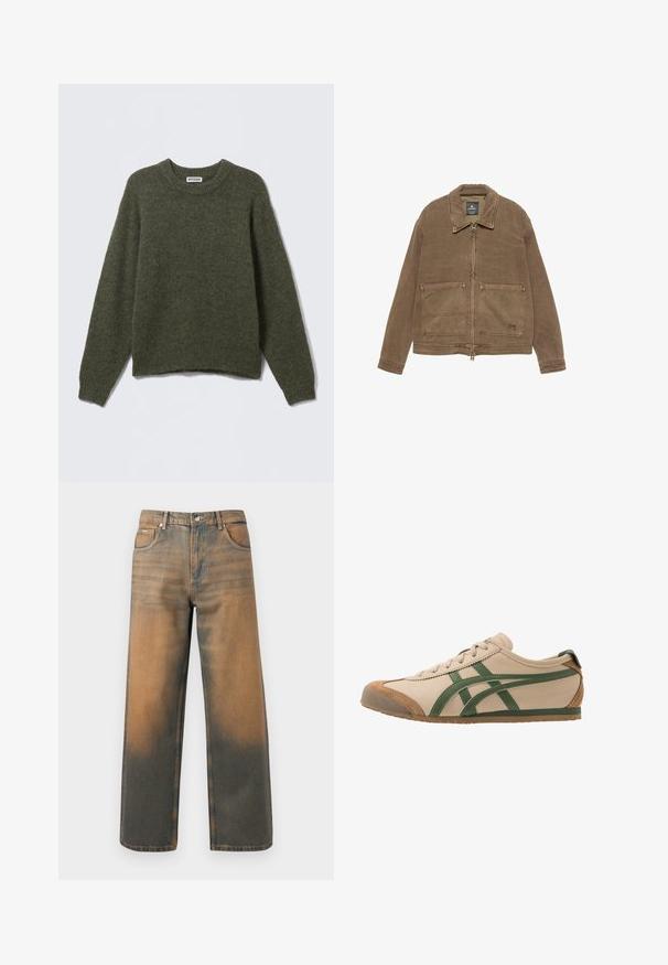 Brun zip-up jakke med krave, to forreste patch-lommer og synlige sømdetaljer. Fremstillet af tekstureret stof.; Oliven grøn strikket sweater med rund hals, lange ærmer og ribbede manchetter. Blød tekstur og afslappet pasform, med en let cropped talje.; Videbenede jeans i slidte blå og brune denim. Har høj talje, forlommer og en klassisk knaplukning med metaldetaljer.; Beige lædersneaker med grønne accenter, der har en rund tå, flad sål og ruskindsdetaljer på tåkap og hæl.