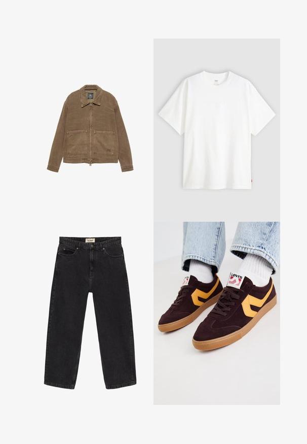 Brun zip-up jakke med krave, to forreste patch-lommer og synlige sømdetaljer. Fremstillet af tekstureret stof.; Hvid kortærmet t-shirt i bomuld med rund hals. Har diskret præget logo-detalje på forsiden og et rødt mærke i kanten.; Sorte denim jeans med afslappet pasform. Har fem lommer, en frontknaplukning og syninger. Let falmet tekstur.; Mørk burgunder ruskinds sneakers med gule læderdetaljer, gummisål og hvide snørebånd. Branding synlig på tungen.