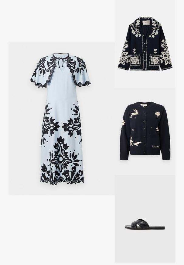 Marinblå jacka med vit blommig brodyr, fyrkantiga fickor och knäppning. Materialet verkar texturerat och hållbart, med en klassisk kragdesign.; Marinblå cardigan med broderade vilddjursmotiv i krämfärgat, med rund halsringning, knappstängning, två fickor och ribbad mudd.; Ljusblå klänning med svarta blommönster, korta ärmar med cap-sleeve, rund halsringning och vågig fåll. Knyts i nacken för stängning.; Svarta slidesandaler med en slät läderfinish, med korsade remmar och utskärningar, samt en platt, flexibel sula.