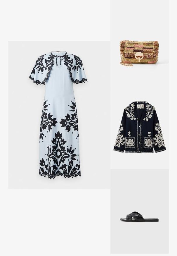 Sötétkék dzseki fehér virágos hímzéssel, négyzet alakú zsebekkel és gombos záródással. Az anyag textúrált és tartós hatású, klasszikus gallérkialakítással rendelkezik.; Világoskék ruha fekete virágmintával, rövid kapucnis ujjak, kerek nyakkivágás és fodros szegély. Nyaknál megkötős záródás.; Fekete slideszandál sima bőrfelülettel, keresztbe futó pántokkal és kivágott részletekkel, valamint lapos, hajlékony talppal.; Vanessa Bruno MOON - Keresztpántos táska - multico/jaune