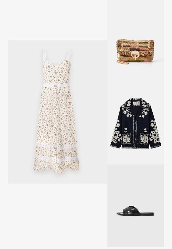 Marineblauwe jas met witte bloemenborduursels, vierkante zakken en knoopsluiting. Het materiaal lijkt gestructureerd en duurzaam, met een klassieke kraagontwerp.; Bloemen midi-jurkje in crème met verstelbare spaghettibandjes, knopen aan de voorkant en witte kantafwerking aan de taille en zoom. Kenmerkt zich door kleine oranje en groene bloemen.; Zwarte slide sandalen met een gladde leren afwerking, voorzien van kruislings straps en uitsnijdingen, en een platte, flexibele zool.; Vanessa Bruno MOON - Schoudertas - multico/jaune