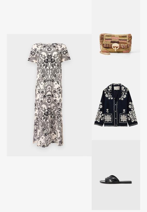 Sötétkék dzseki fehér virágos hímzéssel, négyzet alakú zsebekkel és gombos záródással. Az anyag textúrált és tartós hatású, klasszikus gallérkialakítással rendelkezik.; Fekete virágmintás ruha krémszínű háttérrel, rövid ujjakkal, kerek nyakkivágással és oldalsó hasítékokkal a könnyebb mozgás érdekében.; Fekete slideszandál sima bőrfelülettel, keresztbe futó pántokkal és kivágott részletekkel, valamint lapos, hajlékony talppal.; Vanessa Bruno MOON - Keresztpántos táska - multico/jaune