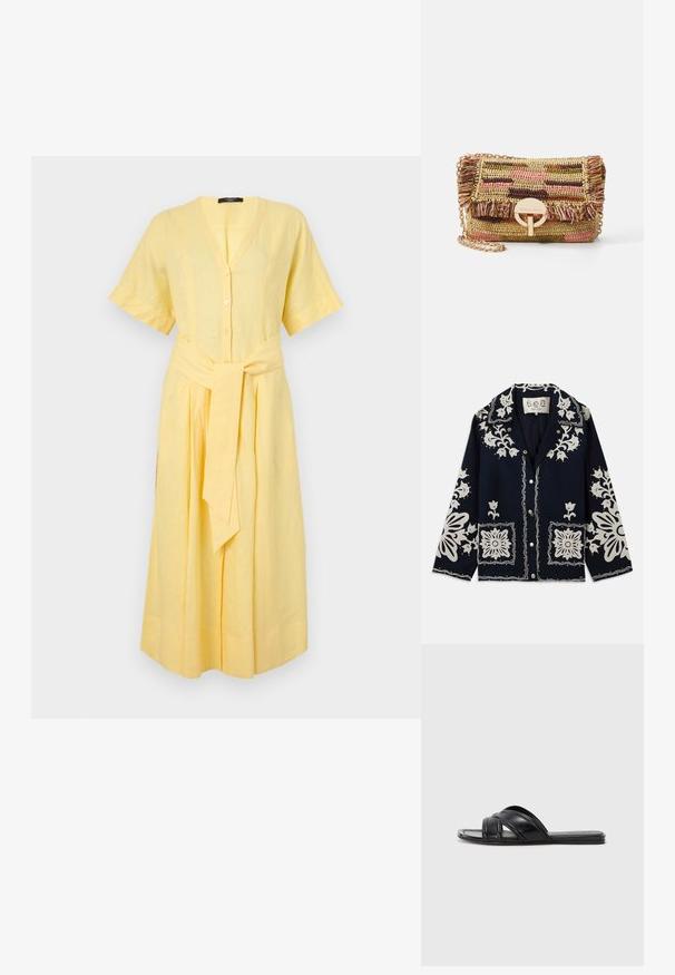 Sötétkék dzseki fehér virágos hímzéssel, négyzet alakú zsebekkel és gombos záródással. Az anyag textúrált és tartós hatású, klasszikus gallérkialakítással rendelkezik.; Sárga vászonruha rövid ujjal, V-nyakkal, gombos záródással és derékon megkötő övvel; légies, A-vonalú kialakítással rendelkezik.; Fekete slideszandál sima bőrfelülettel, keresztbe futó pántokkal és kivágott részletekkel, valamint lapos, hajlékony talppal.; Vanessa Bruno MOON - Keresztpántos táska - multico/jaune