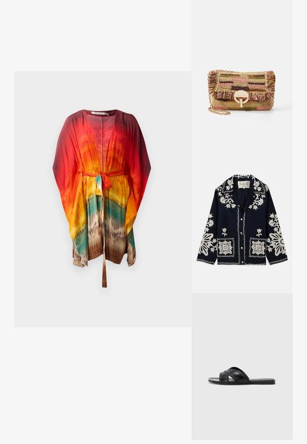 Giacca blu marina con ricami floreali bianchi, tasche a quadrato e chiusura a bottoni. Il materiale sembra testurizzato e resistente, con un design del colletto classico.; Kimono leggero e colorato con cintura da annodare. Presenta una vivace sfumatura di rosso, arancione, giallo e turchese. Tessuto morbido e fluido.; Infradito neri con finitura in pelle liscia, dotati di cinturini incrociati e dettagli a taglio, con una suola piatta e flessibile.; Vanessa Bruno MOON - Borsa a tracolla - multico/jaune