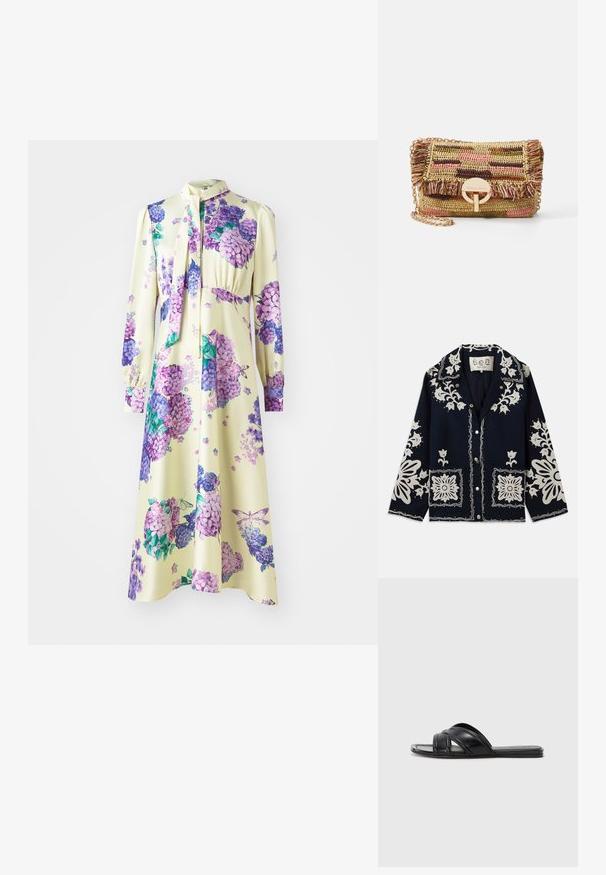 Navy jacket featuring white floral embroidery, square pockets, and button closure. Material appears textured and durable, with a classic collar design.; Long-sleeve dress in smooth fabric, featuring a yellow base with purple floral patterns. Includes a tie neckline and gathered waistline.; Black slide sandals with a smooth leather finish, featuring crisscross straps and cut-out details, and a flat, flexible sole.; Vanessa Bruno MOON - Cross body bag - multico/jaune