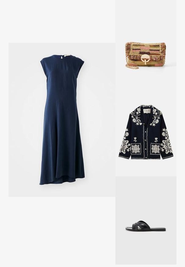 Veste marine avec broderies florales blanches, poches carrées et fermeture à boutons. Le matériau semble texturé et durable, avec un design de col classique.; Vanessa Bruno ENEA - Robe longue - marine; Sandales noires à glissière avec une finition en cuir lisse, présentant des lanières croisées et des découpes, ainsi qu'une semelle plate et flexible.; Vanessa Bruno MOON - Sac bandoulière - multico/jaune