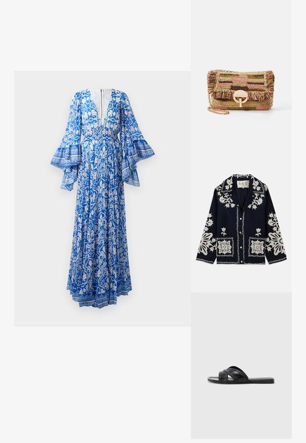 Sötétkék dzseki fehér virágos hímzéssel, négyzet alakú zsebekkel és gombos záródással. Az anyag textúrált és tartós hatású, klasszikus gallérkialakítással rendelkezik.; Hosszú, kék ruha fehér virág- és pasztellmintákkal, harangujjakkal, mély V-nyakkal és hátsó cipzáras részlettel.; Fekete slideszandál sima bőrfelülettel, keresztbe futó pántokkal és kivágott részletekkel, valamint lapos, hajlékony talppal.; Vanessa Bruno MOON - Keresztpántos táska - multico/jaune