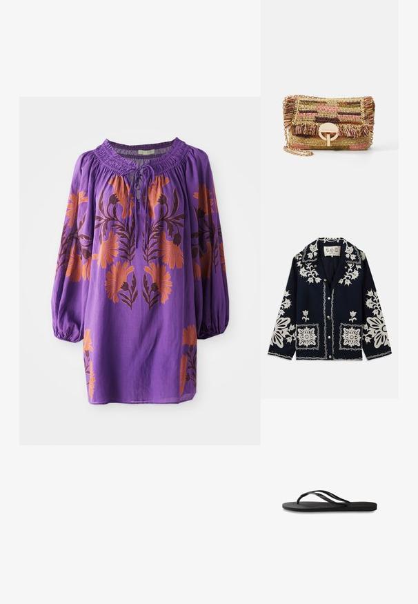 Veste marine avec broderies florales blanches, poches carrées et fermeture à boutons. Le matériau semble texturé et durable, avec un design de col classique.; Blouse violette avec un col froncé, des manches bouffantes longues et une broderie florale orange. Tissu léger avec une texture fluide.; Tongs noires avec une semelle en caoutchouc texturée, deux fines lanières et un détail de logo embossé subtil sur la lanière.; Vanessa Bruno MOON - Sac bandoulière - multico/jaune