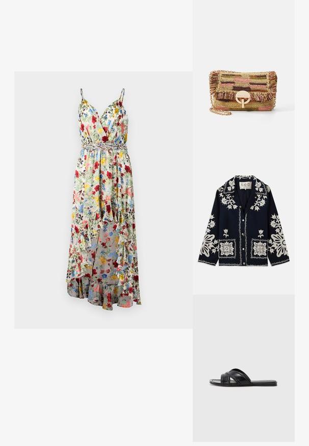 Tamsiai mėlynas švarkas su baltomis gėlėmis išsiuvinėjimais, kvadratinėmis kišenėmis ir mygtukų uždarymu. Medžiaga atrodo tekstūruota ir patvari, su klasikinio apykaklės dizainu.; Alice + Olivia TARA CASCADING RUFFLE MIDI DRESS - Maksi suknelė - dollhouse; Juodosios šlepetės su lygiu odos paviršiumi, turinčios kryžminius dirželius ir išpjovimus, bei plokščiu, lanksčiu padu.; Vanessa Bruno MOON - Rankinė per petį - multico/jaune