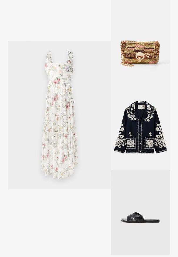 Námořnická bunda s bílými květinovými výšivkami, čtvercovými kapsami a zapínáním na knoflíky. Materiál vypadá texturovaně a odolně, s klasickým designem límce.; Květnatý maxi šaty vyrobené z lehké látky. Mají čtvercový výstřih, nastavitelné zavazovací ramínka a stupňovitou, splývavou siluetu v pastelových barvách.; Černé klínové sandály s hladkým koženým povrchem, s překříženými popruhy a výřezovými detaily, a plochou, flexibilní podrážkou.; Vanessa Bruno MOON - Taška s příčným popruhem - multico/jaune