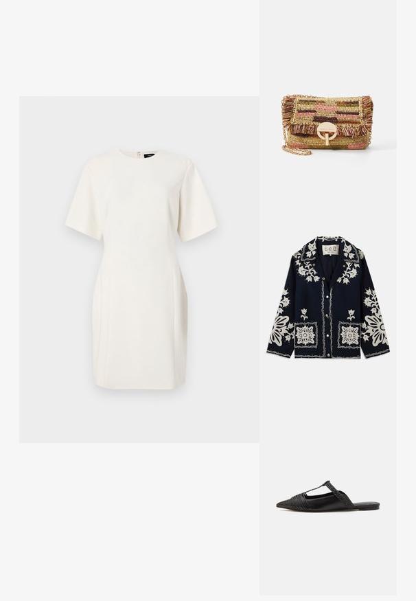 Veste marine avec broderies florales blanches, poches carrées et fermeture à boutons. Le matériau semble texturé et durable, avec un design de col classique.; Robe blanche à manches courtes avec un col rond, coupe droite, poches latérales et fermeture éclair au dos. Tissu lisse et léger.; Chaussure en cuir noir à talon ouvert avec un bout pointu, présentant un accent tressé et un design supérieur plissé. Semelle plate avec un matériel minimal.; Vanessa Bruno MOON - Sac bandoulière - multico/jaune