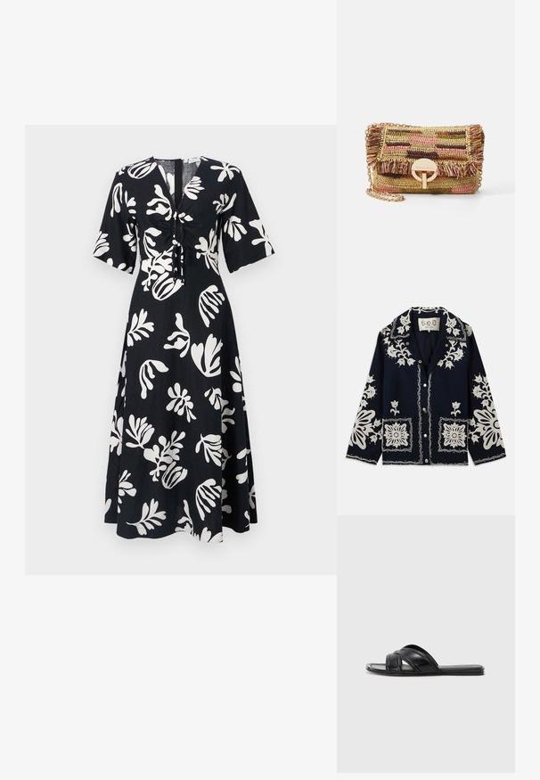 Námořnická bunda s bílými květinovými výšivkami, čtvercovými kapsami a zapínáním na knoflíky. Materiál vypadá texturovaně a odolně, s klasickým designem límce.; Černé šaty s bílým květinovým vzorem, s krátkými rukávy, výstřihem do V a detailem s šňůrkou v přední části. Silueta ve tvaru A.; Černé klínové sandály s hladkým koženým povrchem, s překříženými popruhy a výřezovými detaily, a plochou, flexibilní podrážkou.; Vanessa Bruno MOON - Taška s příčným popruhem - multico/jaune