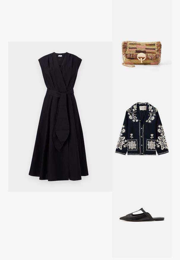 Námornícka bunda s bielou kvetinovou výšivkou, štvorcovými vreckami a zapínaním na gombíky. Materiál vyzerá textúrne a odolne, s klasickým dizajnom goliera.; Marella OSSOLA - Denné šaty - nero; Čierne kožené sandále so špičatou špičkou, ktoré majú tkaný detail a zborený dizajn vrchnej časti. Plochá podrážka s minimálnym hardvérom.; Vanessa Bruno MOON - Taška cez plece - multico/jaune
