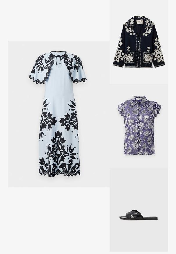 Navyblauer Blazer mit weißer Blumenstickerei, quadratischen Taschen und Knopfverschluss. Das Material wirkt texturiert und strapazierfähig, mit einem klassischen Kragendesign.; Lila Kurzarmbluse mit floralem Muster in Schwarz und Weiß, mit einer Knopfleiste und einem Kragen. Seidige Textur.; Hellblaues Kleid mit schwarzen Blumenmustern, kurzen Ärmelchen, Rundhalsausschnitt und gewelltem Saum. Mit einer Schnürung am Hals zum Schließen.; Schwarze Rutsch-Sandalen mit glattem Leder-Finish, ausgestattet mit überkreuzten Riemen und Ausschnitten sowie einer flachen, flexiblen Sohle.; Vanessa Bruno MOON - Umhängetasche - multico/jaune