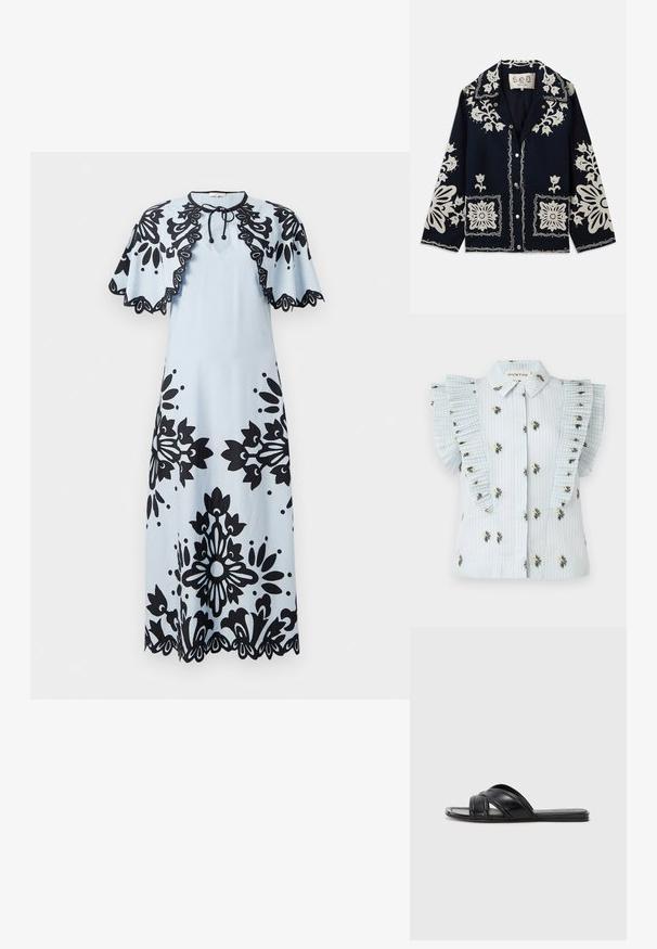 Giacca blu marina con ricami floreali bianchi, tasche a quadrato e chiusura a bottoni. Il materiale sembra testurizzato e resistente, con un design del colletto classico.; Blusa azzurro chiaro con righe verticali, ricami floreali e maniche a ruffle plissettate. Chiusura frontale con bottoni e colletto standard.; Abito azzurro chiaro con motivi floreali neri, maniche a cappuccio corte, scollo rotondo e orlo scallop. Chiusura con un nodo al collo.; Infradito neri con finitura in pelle liscia, dotati di cinturini incrociati e dettagli a taglio, con una suola piatta e flessibile.