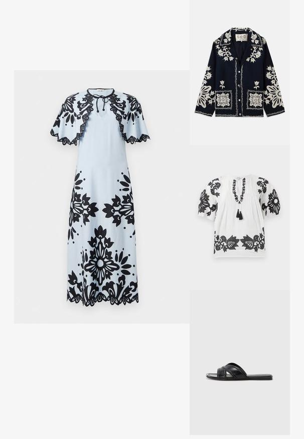 Tamsiai mėlynas švarkas su baltomis gėlėmis išsiuvinėjimais, kvadratinėmis kišenėmis ir mygtukų uždarymu. Medžiaga atrodo tekstūruota ir patvari, su klasikinio apykaklės dizainu.; Balta trumpa rankovėmis bluzonė, papuošta juodais gėlių siuvinėjimais rankovėse, iškirptėje ir apatine dalyje, su juostele ir dviem juodais kutais priekyje.; Šviesiai mėlyna suknelė su juodais gėlių raštais, trumpomis švarkelio rankovėmis, apvaliu iškirpimu ir banguotu apvadu. Uždarymas kaklo srityje.; Juodosios šlepetės su lygiu odos paviršiumi, turinčios kryžminius dirželius ir išpjovimus, bei plokščiu, lanksčiu padu.