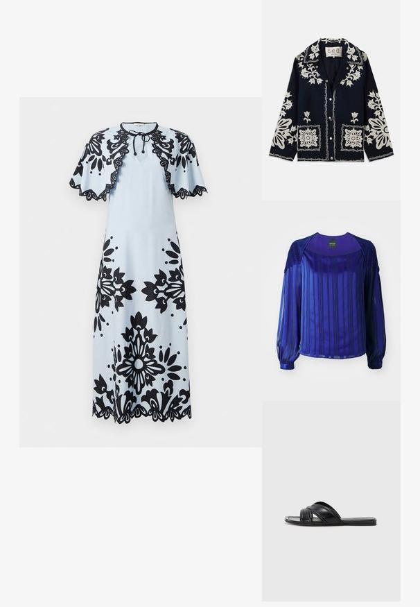 Navy jacket featuring white floral embroidery, square pockets, and button closure. Material appears textured and durable, with a classic collar design.; Purple blouse featuring long, sheer sleeves, vertical stripes, and textured shoulder accents. Smooth fabric with a slight sheen.; Light blue dress with black floral patterns, short cap sleeves, a round neckline, and a scalloped hem. Ties at the neck for closure.; Black slide sandals with a smooth leather finish, featuring crisscross straps and cut-out details, and a flat, flexible sole.