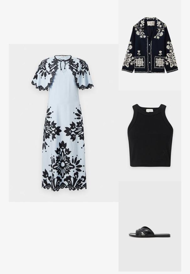 Sötétkék dzseki fehér virágos hímzéssel, négyzet alakú zsebekkel és gombos záródással. Az anyag textúrált és tartós hatású, klasszikus gallérkialakítással rendelkezik.; Fekete bordázott crop top, testhez simuló kialakítással, széles vállpántokkal és diszkrét logó részlettel. Rugalmas anyagból készült a kényelem érdekében.; Világoskék ruha fekete virágmintával, rövid kapucnis ujjak, kerek nyakkivágás és fodros szegély. Nyaknál megkötős záródás.; Fekete slideszandál sima bőrfelülettel, keresztbe futó pántokkal és kivágott részletekkel, valamint lapos, hajlékony talppal.