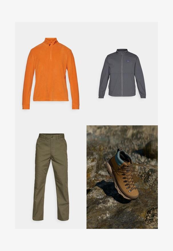 Halli kerge hall jakk kõrge kraega, täispikk eeslukk, elastsed mansetid ning logo mündid vasakul ülemisel rinnal. Sile kangastekstuuri.; CMP MAN - Fliisdžemper - jaffa; Oliivivärvilised puuvillased püksid sirge jala disainiga, millel on nööbiga kinnitatud sulgumine ja vöökohaga silmused, sile tekstuur ja ei mingeid eristuvaid mustreid.; Pruun matkasuss, millel on sünteetilisest materjalist ülemine osa, helesinine krae, metallised silmade augud ja tekstureeritud kummist põhi. Mõeldud väli tegevuste jaoks.