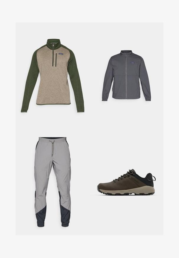 Giacca leggera grigia con colletto alto, zip frontale completa, polsini elasticizzati e una patch con logo sulla parte superiore sinistra del petto. Tessuto dalla superficie liscia.; Pullover a mezza zip in beige e verde scuro. Presenta un colletto alto, maniche a contrasto, una tasca con zip sul petto e un tessuto testurizzato.; Pantaloni sportivi leggeri grigi con accenti neri. Vita elastica, chiusura con cordino, design a gamba affusolata e tasche laterali.; Sneakers impermeabili marroni con tomaia testurizzata, dettagli perforati, supporto al tallone nero e suola in gomma grigia. I lacci sono decorati con estremità metalliche.