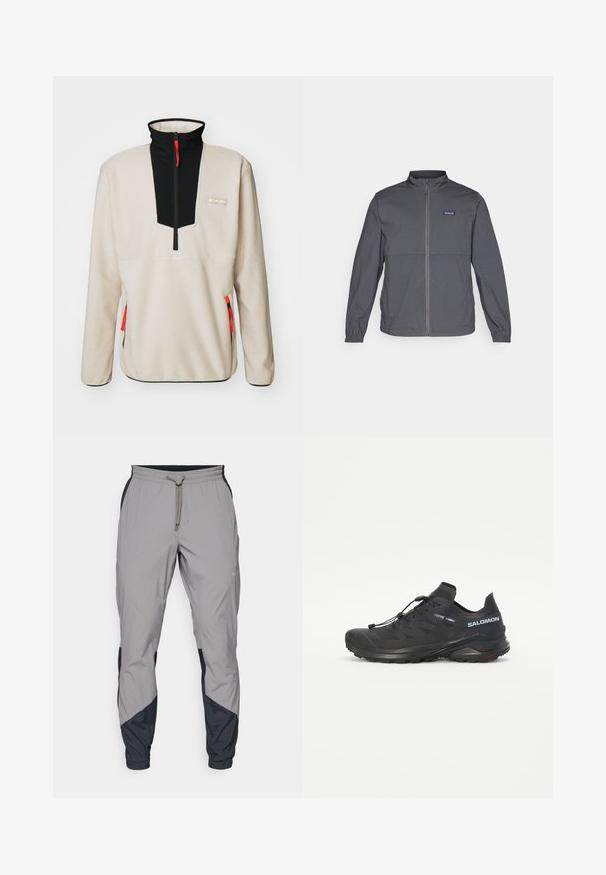 Gray lightweight jacket with a high collar, full front zipper, elastic cuffs, and a logo patch on the upper left chest. Smooth fabric texture.; Fleece pullover in beige with a black zip collar, featuring orange accents and a logo patch. All zippers are positioned on the sides.; Lightweight, gray athletic pants with black accents. Elastic waistband, drawstring closure, tapered leg design, and side pockets.; Black trail running shoe with a textured upper, elastic laces, and Contagrip outsole. Features a snug fit and protective toe cap.