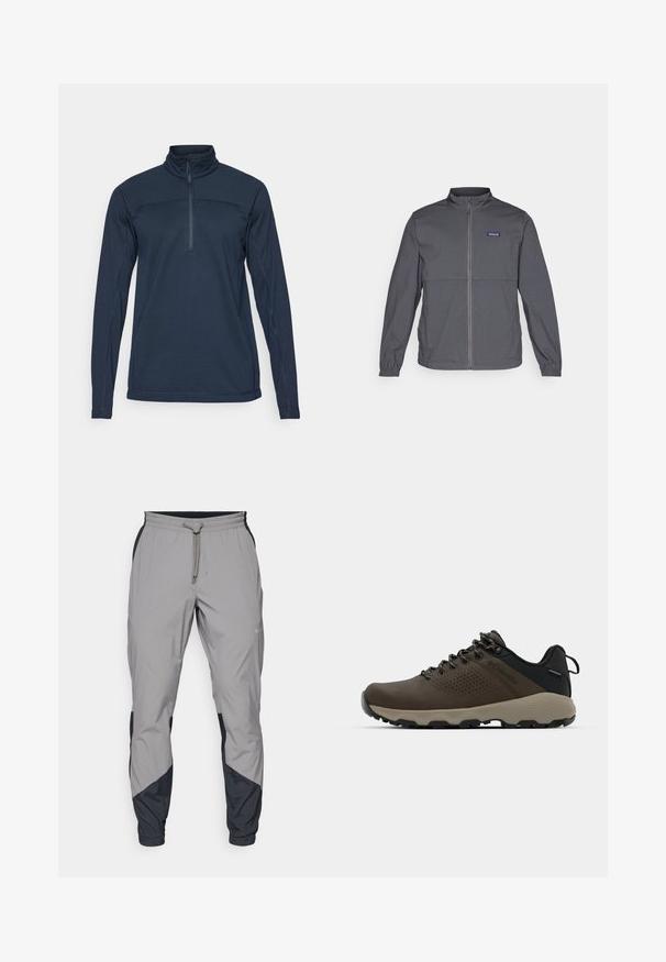 Siva lahka jakna z visokim ovratnikom, polnim zadrgo, elastičnimi manšetami in oznako na zgornjem levem prsnem delu. Gladka tekstura materiala.; Temno modra dolga majica s puloverjem in visokim ovratnikom ter pol zadrgo spredaj. Ima teksturirano tkanino in kontrastne šive.; Lahki, sivi atletski hlače z črnimi dodatki. Elastika v pasu, zategovalna vrvica, oblikovana noga in stranske žepe.; Rjave vodoodporne superge z teksturiranim zgornjim delom, perforiranimi detajli, črno podporo za peto in sivo gumijasto podlogo. Šnure imajo metalne konice.