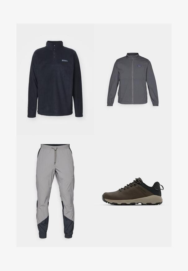 Siva lahka jakna z visokim ovratnikom, polnim zadrgo, elastičnimi manšetami in oznako na zgornjem levem prsnem delu. Gladka tekstura materiala.; Columbia STEENS MOUNTAIN™ HALF SNAP - Pulover iz flisa - black; Lahki, sivi atletski hlače z črnimi dodatki. Elastika v pasu, zategovalna vrvica, oblikovana noga in stranske žepe.; Rjave vodoodporne superge z teksturiranim zgornjim delom, perforiranimi detajli, črno podporo za peto in sivo gumijasto podlogo. Šnure imajo metalne konice.