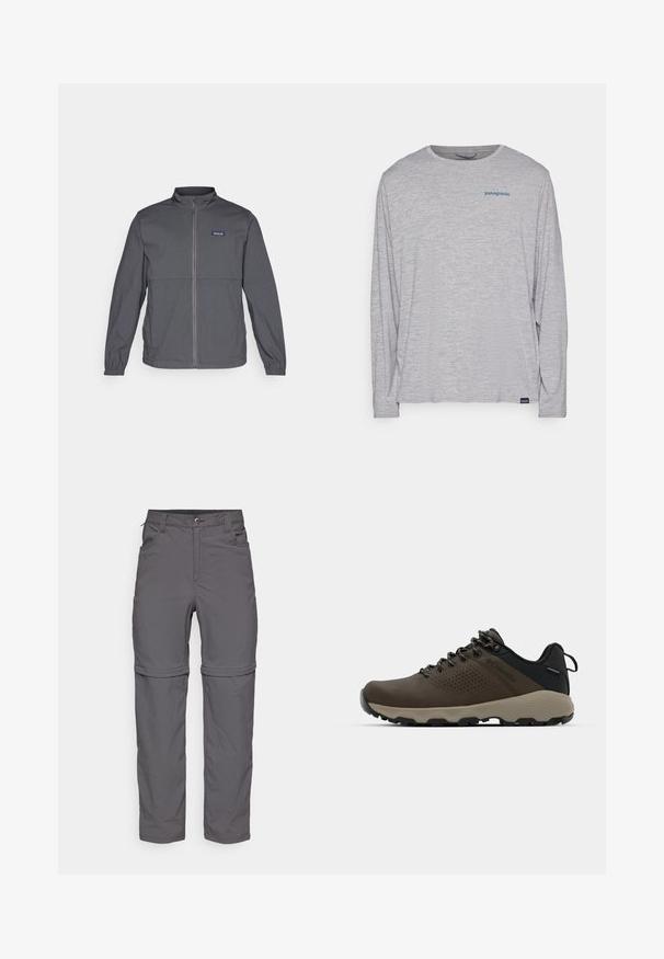 Grå lett jakke med høy krage, full front glidelås, elastiske mansjetter og et logomerke på venstre bryst. Glatt stofftekstur.; Lys grå langermet t-skjorte laget av myk, teksturert stoff. Har rund hals og en liten blå Patagonia-logo på brystet.; Grå zip-off bukser med en glat tekstur, med knaplukning, forlommer og justerbare manchetter for en allsidig stil.; Brune vanntette joggesko med teksturert overdel, perforerte detaljer, svart hæl støtte og en grå gummisåle. Snøring er stilisert med metalliske ender.
