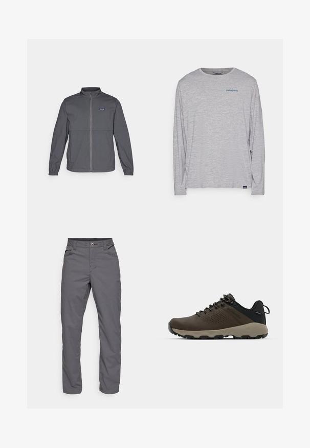 Šedá lehká bunda s vysokým límcem, plným předním zipem, elastickými manžetami a logem na levém horním prsu. Hladká textilie.; Světle šedé dlouhé tričko s dlouhým rukávem vyrobené z jemné, texturované látky. Má kulatý výstřih a malou modrou Patagonia logo na hrudi.; Šedé kalhoty rovného střihu vyrobené z lehkého materiálu. Mají dvě přední kapsy a zapínání na zip s knoflíkem. Hladká textura.; Hnědé nepromokavé sneakers s texturovaným svrškem, perforovanými detaily, černým oporou paty a šedou gumovou podrážkou. Šňůrky mají kovové konce.