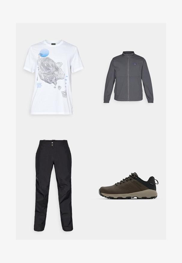 Grå letvægtsjakke med høj krave, fuld lynlås foran, elastiske manchetter og et logo-patch på den øverste venstre bryst. Glat stoftype.; Hvid bomulds t-shirt med et topografisk kortdesign i sort og blå, med tekstelementer og en rund blå accent. Korte ærmer.; Sorte vandtætte bukser med en glat overflade, der har to frontknapper og en tapered ben-design. Beriget med et logo på siden.; Brune vandtætte sneakers med en tekstureret overflade, perforerede akcenter, sort hælunderstøttelse og en grå gummisål. Snørebåndene er udsmykket med metalender.