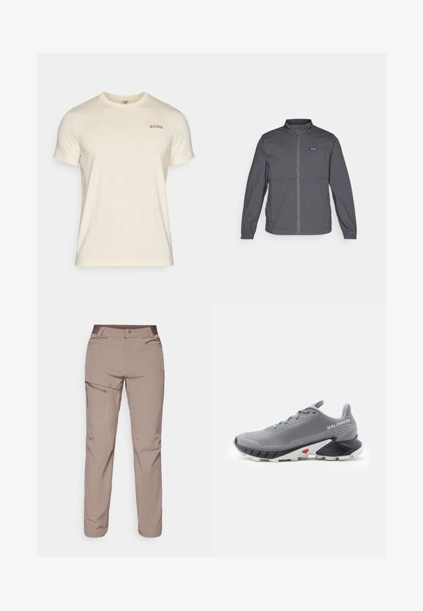 Grijze lichtgewicht jas met een hoge kraag, volledige rits aan de voorkant, elastische manchetten en een logopatch op de bovenste linkerborst. Glad textuur van de stof.; Korte mouw crème t-shirt gemaakt van zachte stof, met een ronde hals en een klein geborduurd "BORG" logo op de linkerborst.; Salomon WAYFARER PANTS - Outdoorbroeken - iron; Grijze hardloopschoenen met een geweven bovenwerk van textiel, zwarte en witte rubberen zool, en een rode accent nabij de hiel. Voorzien van veters en een ondersteunend ontwerp.