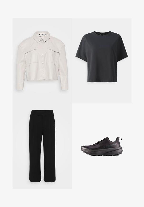 Cropped light beige faux leather jacket with a collar, button front, and two chest pockets. Smooth texture and minimalistic design.; Black cotton t-shirt, short sleeves, crew neck, relaxed fit, smooth texture, simple design, no patterns or accents.; Black wide-leg pants made of a smooth fabric, featuring a flat front, belt loops, and no visible pockets. Clean, tailored design.; Black athletic shoes featuring a breathable upper, textured sole, and a prominent cushioned midsole. Includes a pull tab and lace-up design.