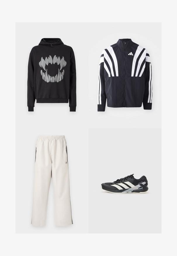 Mustrün mustaga, kõrge krae, täispikk tõmblukk ja julged valged diagonaalsed triibud varrukatel. Valmistatud kergest kangast, millel on sile tekstuur.; Must mustaga tehtud pehmest kangast, mille esiküljel on suur hõbedane graafiline disain, mis meenutab abstraktseid hambaid. Reguleeritav kapuuts.; Heledad beežid jooksupüksid, millel on elastne vöökoht, küljetaskud, mustad külgtriibud ja Adidas logo vasakul reiel. Sile kangastekstuur.; Mustad sportlik jalanõud mustade värvidega, valgete triipudega, võrgusilma pealmine osa, ümar varvas ja pehme tallaga. Omab tekstureeritud kontsa ja kindlat paeltesüsteemi.